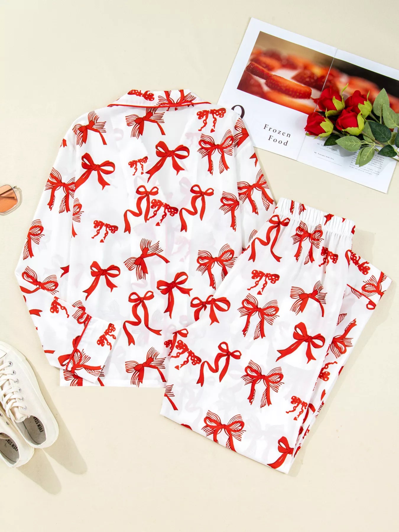 Bow Print Top and Pants Pajama Set -