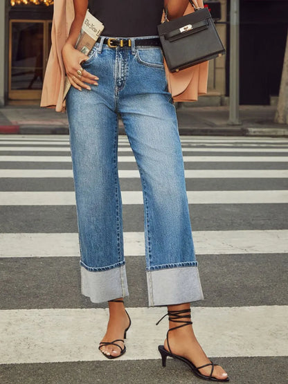 High Waisted Straight Leg Rolled Jeans - Medium