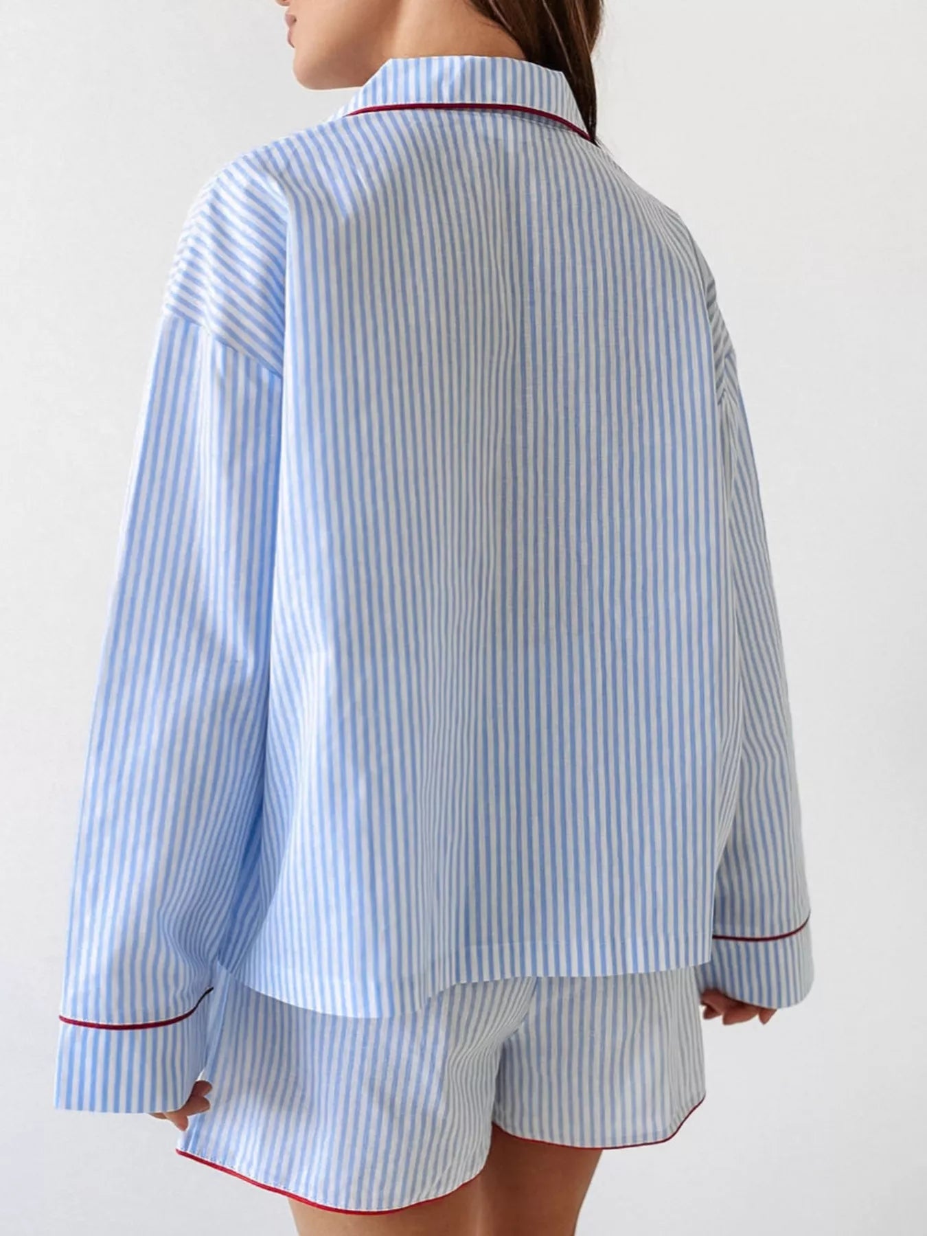 Striped Button Up Shirt and Shorts Lounge Set -