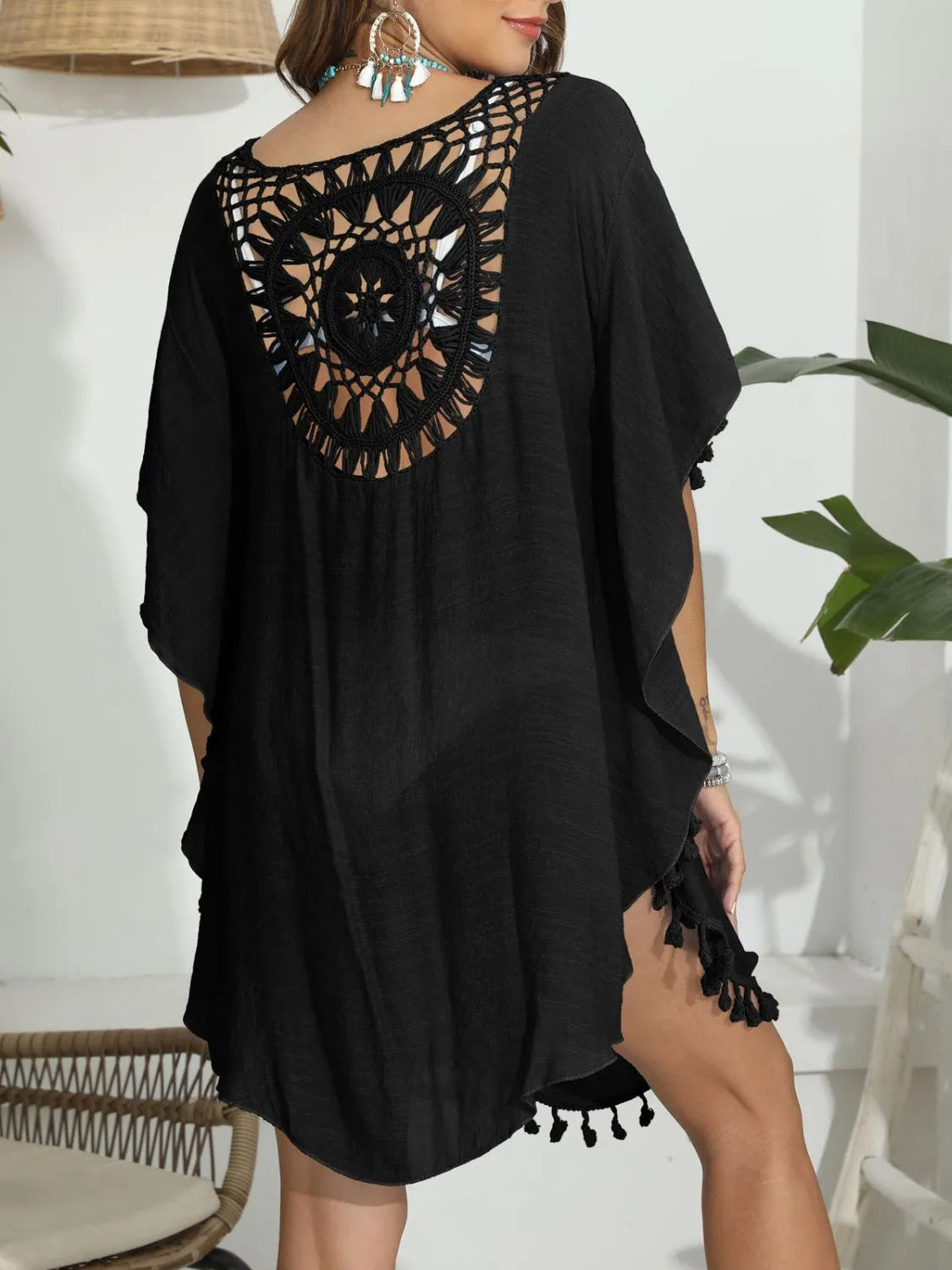 Tassel Crochet Round Neck Cover-Up -