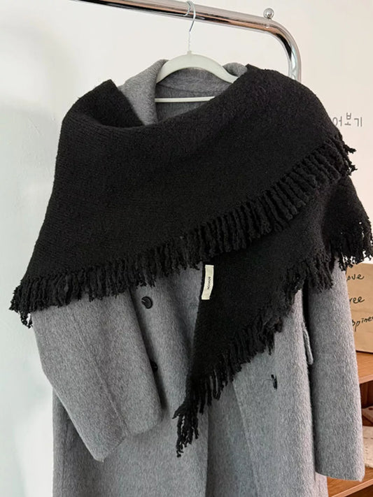 Fringe Trim Knit Scarf - Black One Size