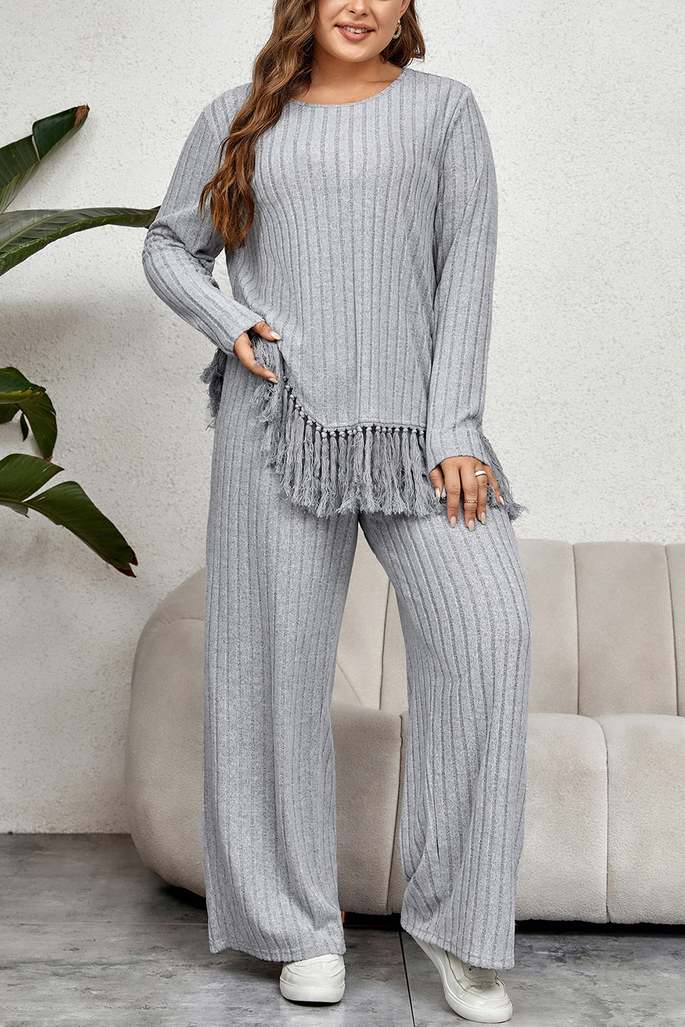 Plus Size Tassel Hem Top and Pants Set - Cloudy Blue