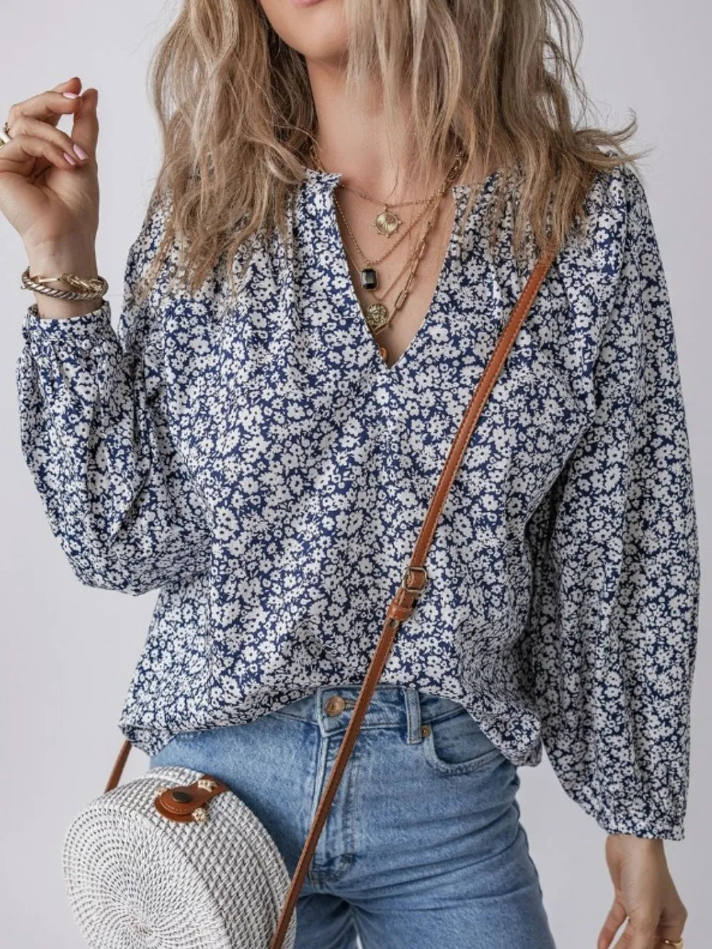 Floral Print Notched Long Sleeve Blouse -