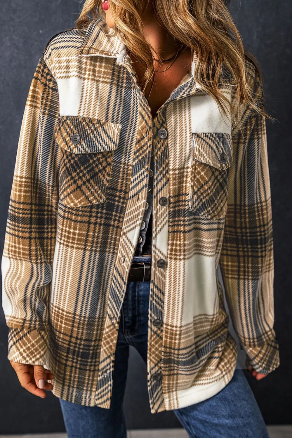 Plaid Button Up Long Sleeve Shacket - Coffee Brown