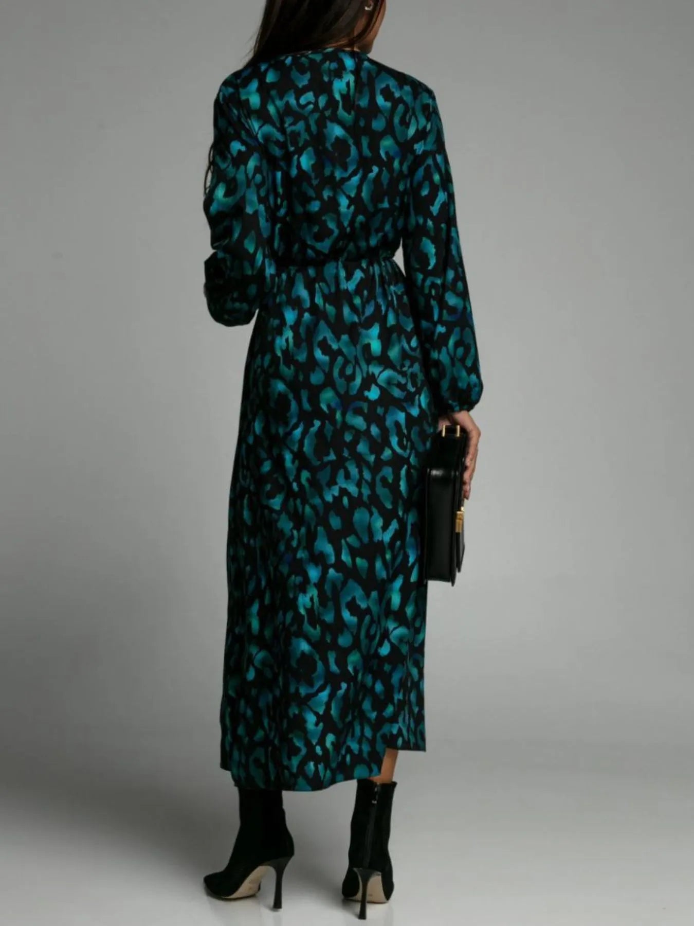 Printed Surplice Long Sleeve Midi Dress -