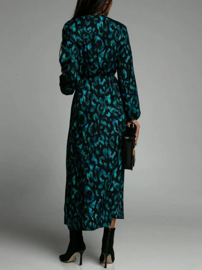 Printed Surplice Long Sleeve Midi Dress -