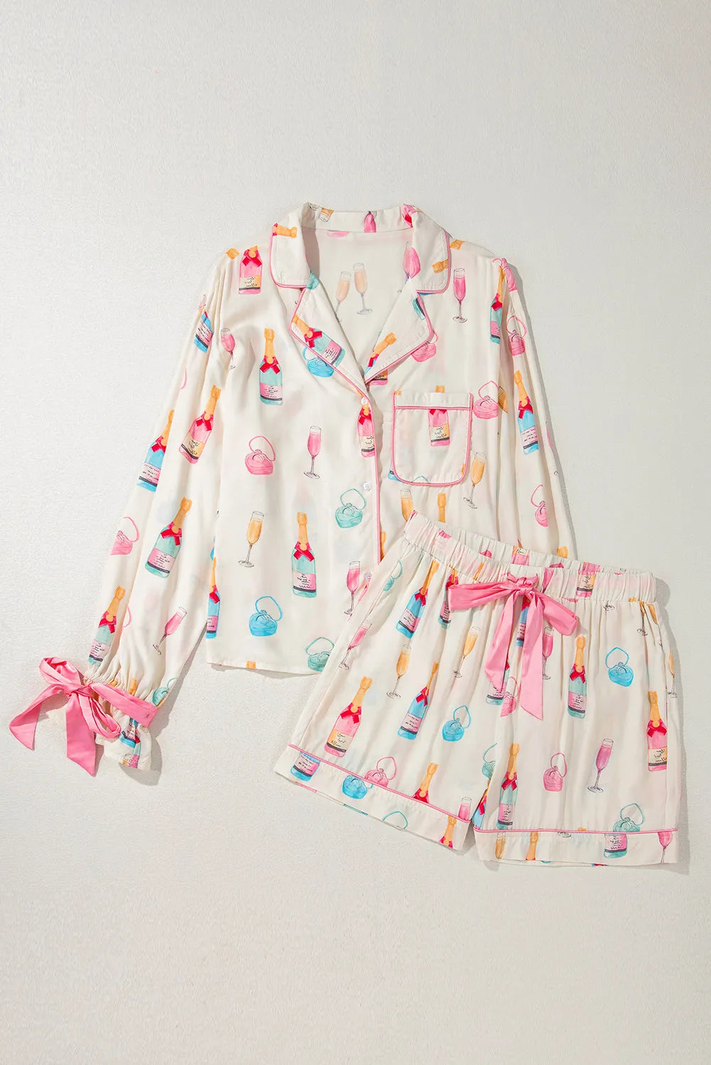 Bow Printed Collared Neck Top and Shorts Lounge Set -