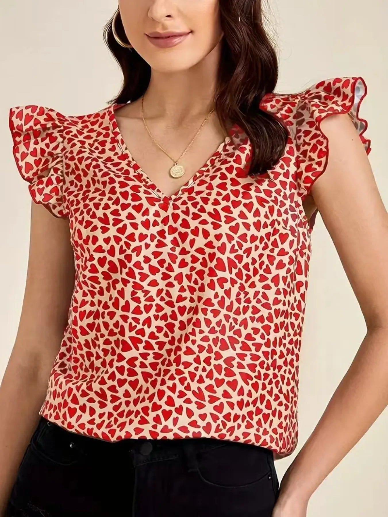 Floral Print Ruffle Sleeve V-Neck Blouse - Apricot