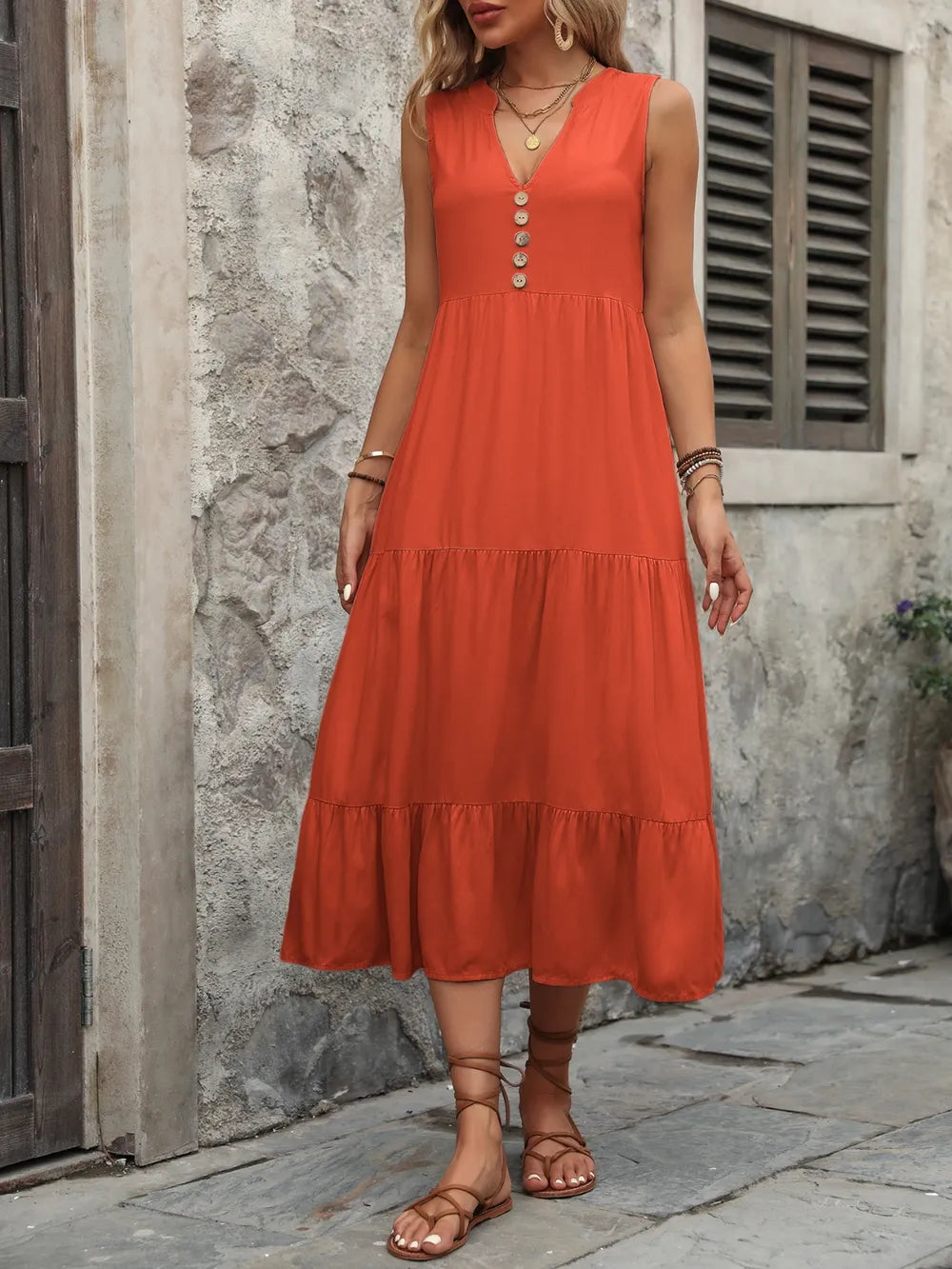 Decorative Button Notched Sleeveless Dress -