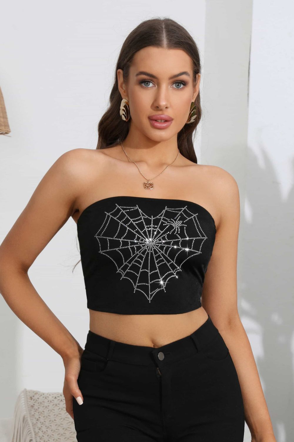 Heart Spider Web Graphic Tube Top - Black