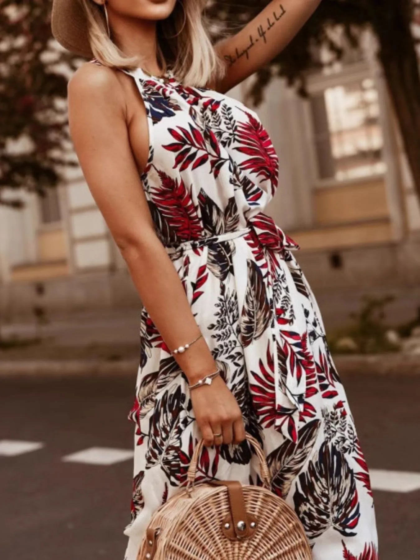 Tropical Floral Halter Neck Summer Dress -