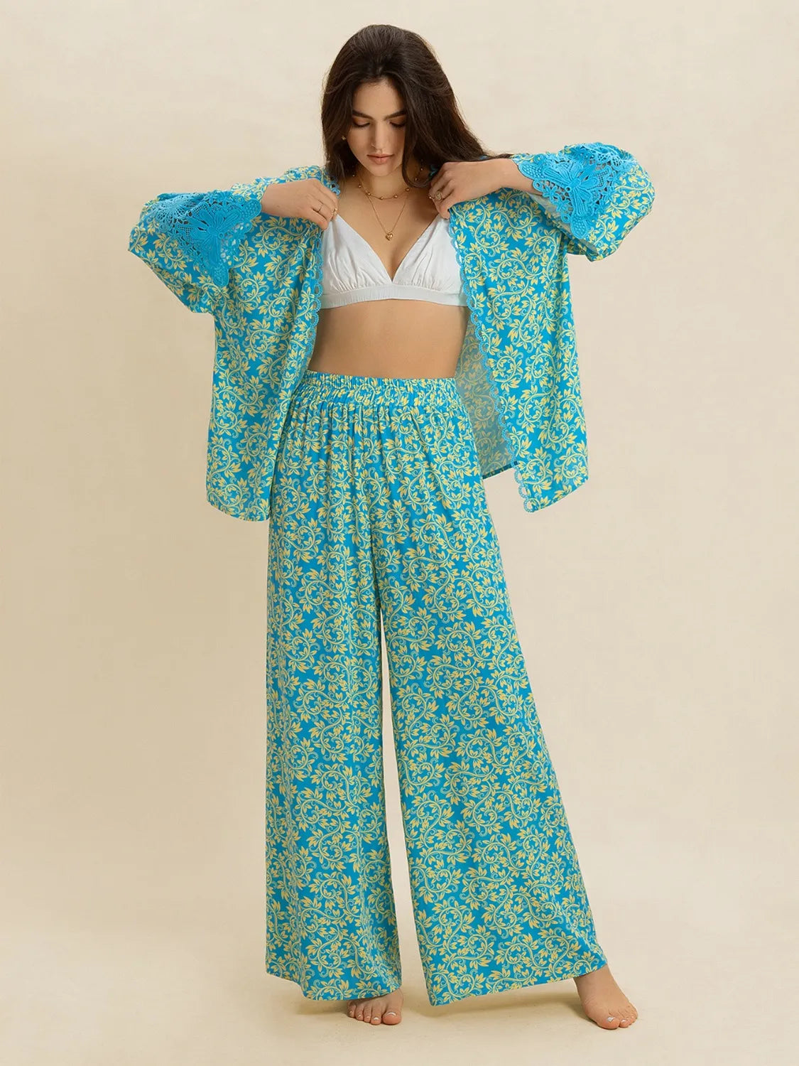 Open Front Printed Top and Pants Set - Teal