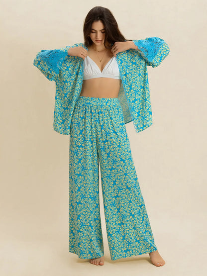 Open Front Printed Top and Pants Set - Teal