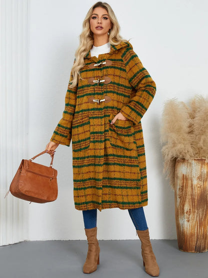 Plaid Long Sleeve Hooded Coat - Mustard