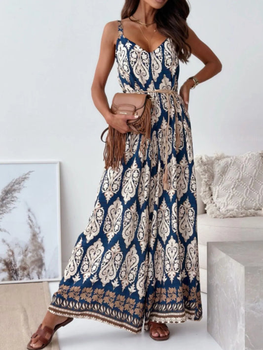 Paisley Print Wide Leg Jumpsuit - Tan