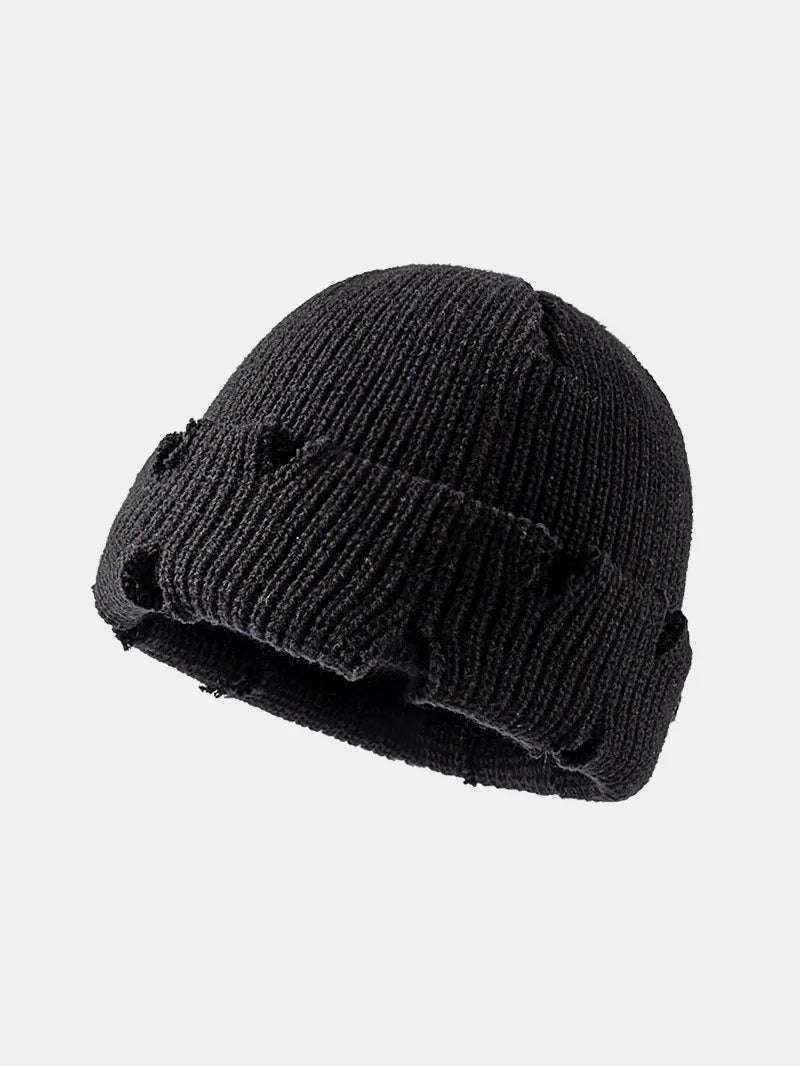 Distressed Cuffed Knit Hat - Black One Size