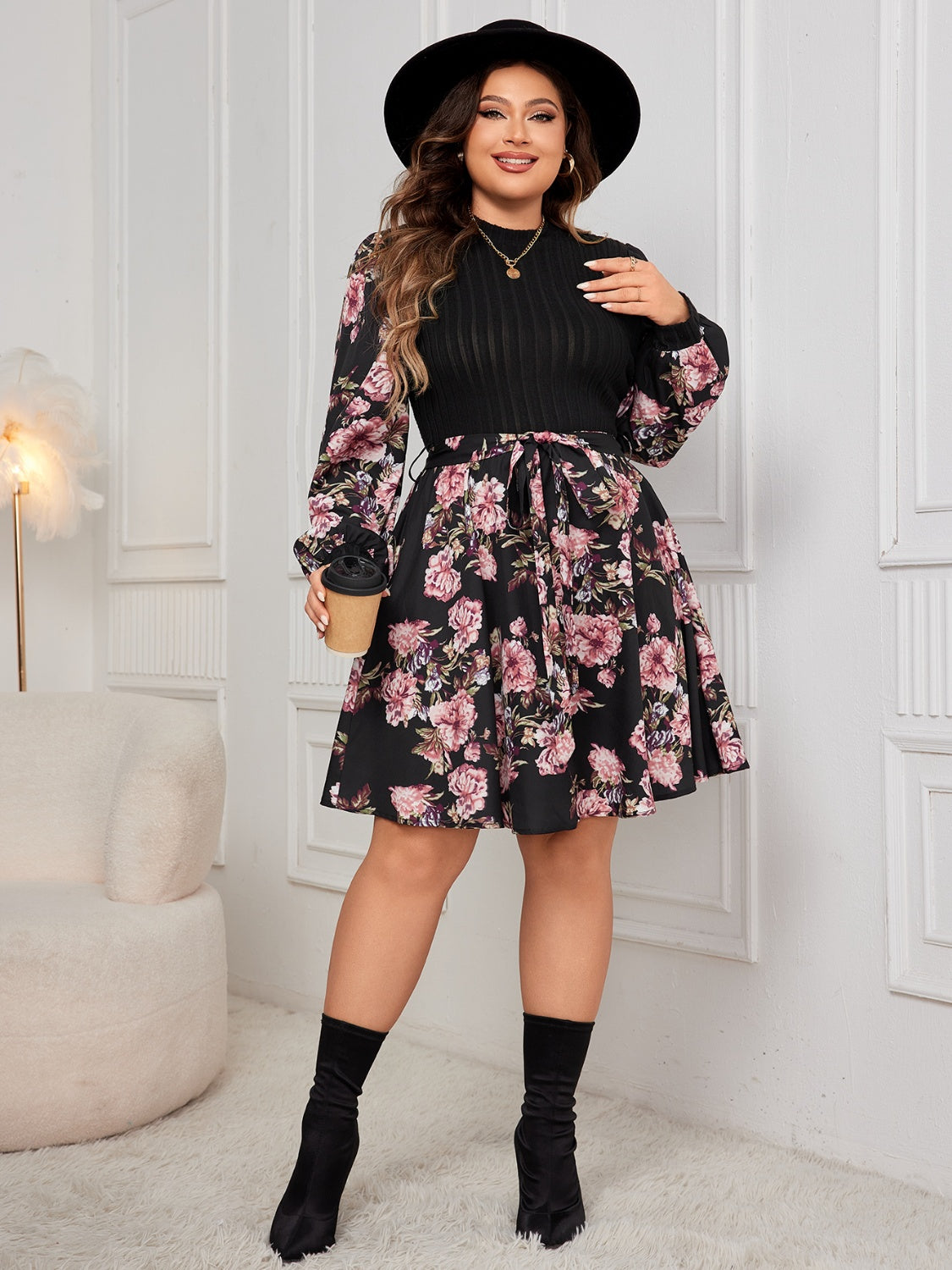 Plus Size Tied Printed Long Sleeve Dress - Black