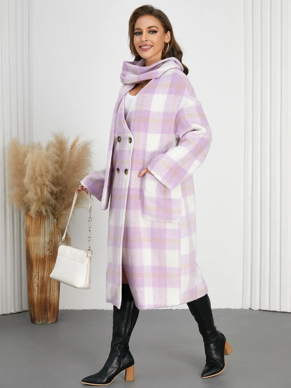 Plaid Button Up Long Sleeve Coat - Pink Purple