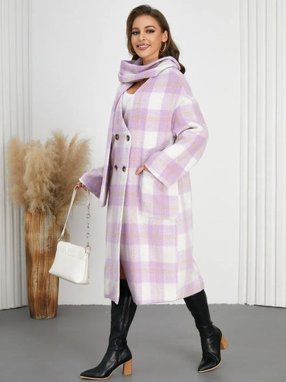 Plaid Button Up Long Sleeve Coat - Pink Purple