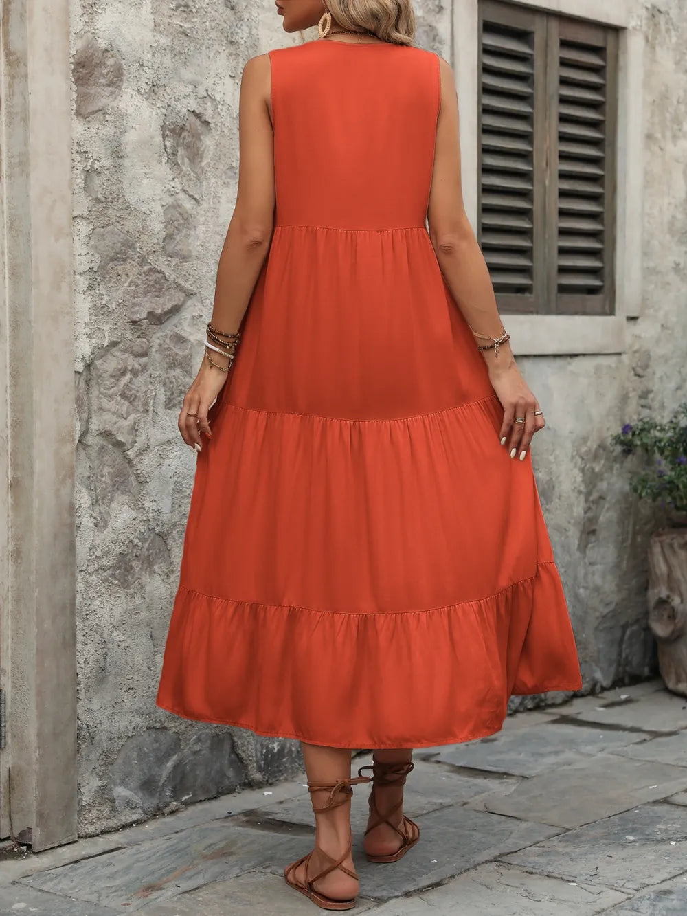Decorative Button Notched Sleeveless Dress -