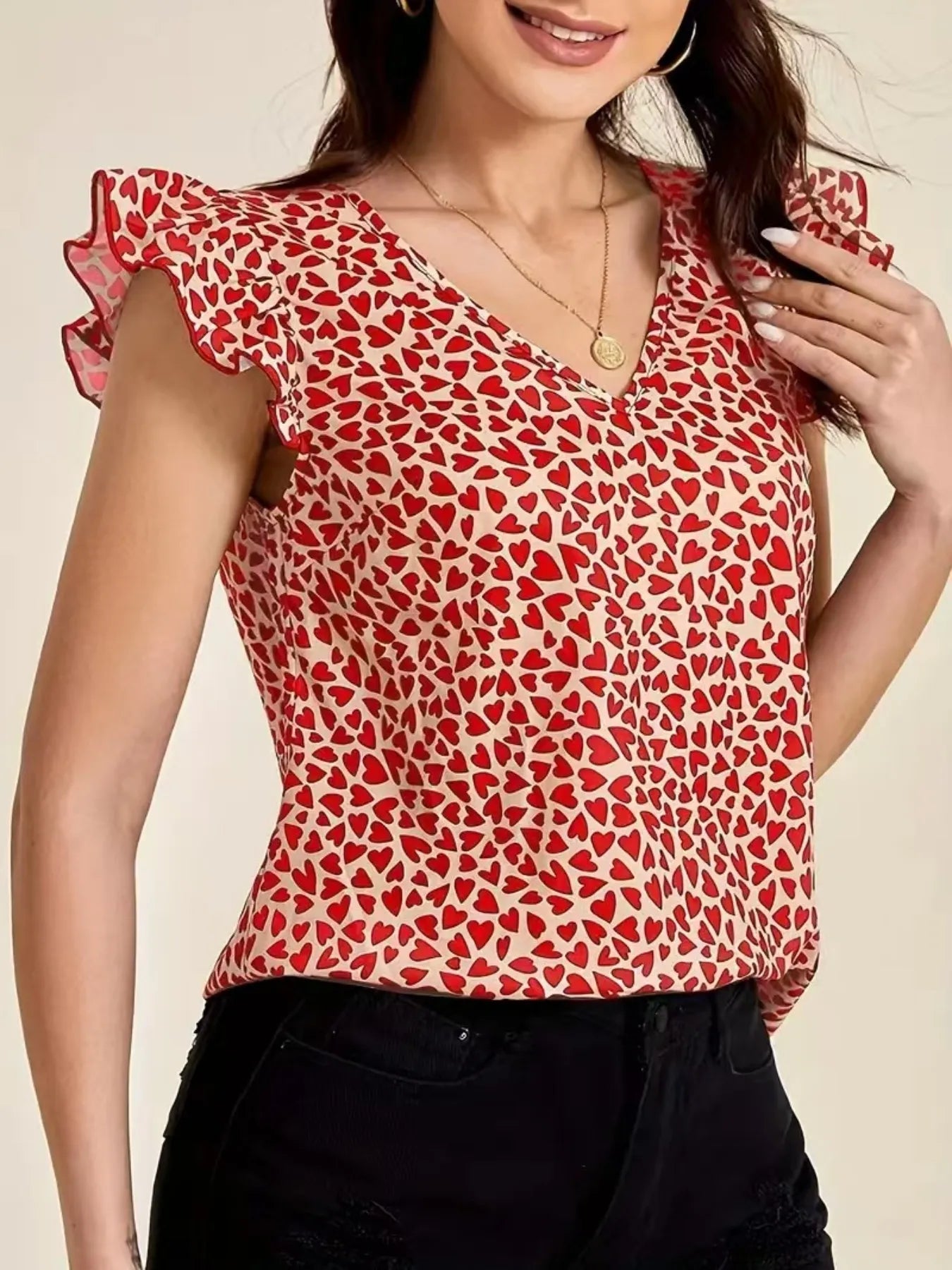 Floral Print Ruffle Sleeve V-Neck Blouse - Red