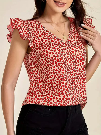 Floral Print Ruffle Sleeve V-Neck Blouse - Red
