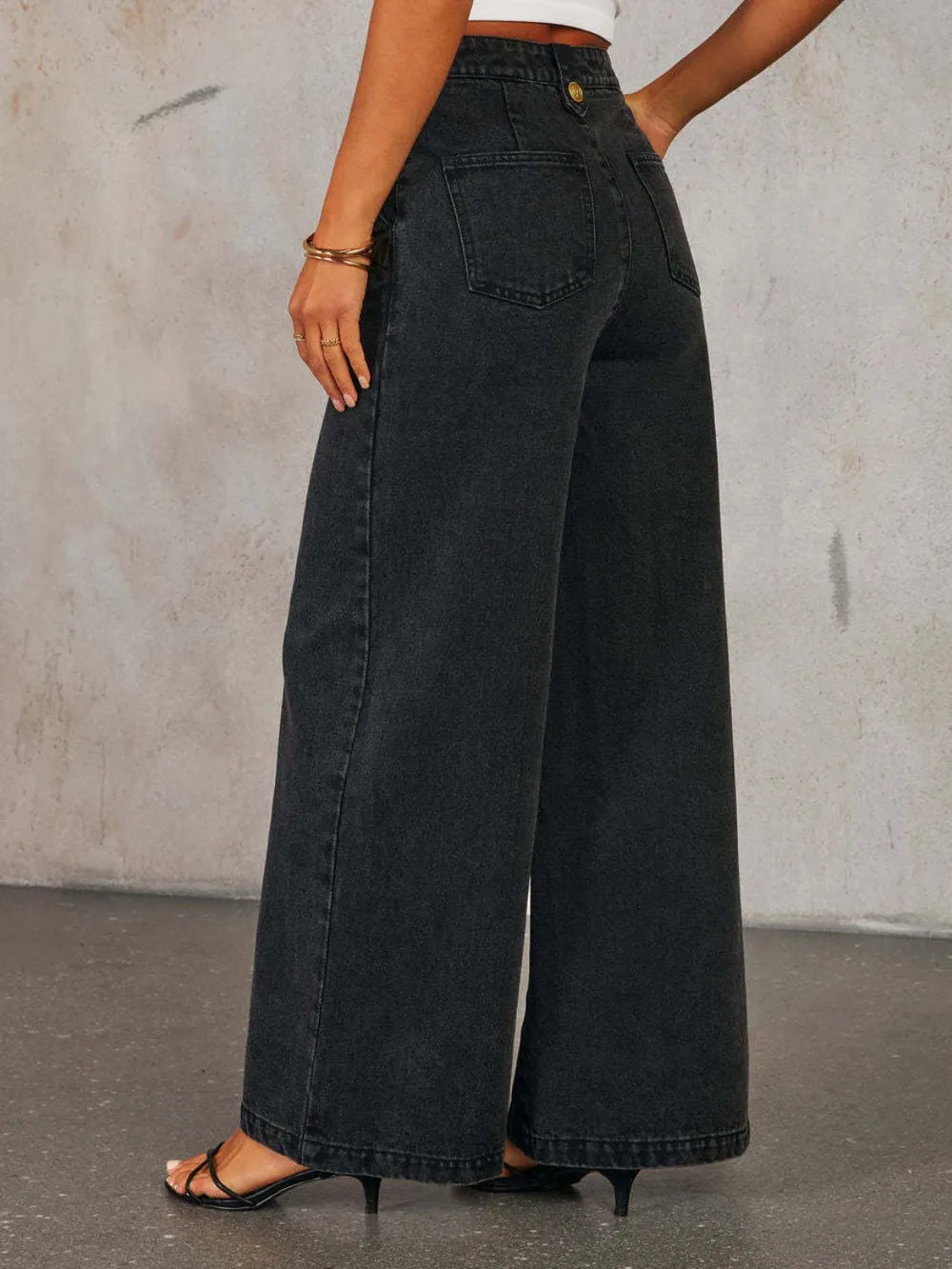 Button Decor High Rise Wide Leg Jeans -