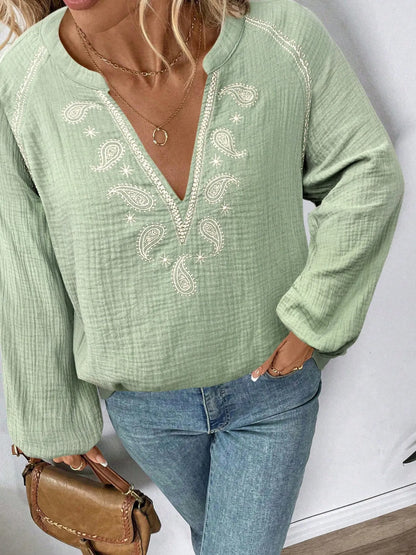 Paisley Pattern Notched Long Sleeve Blouse -