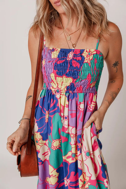 Floral Print Shirred Loose Maxi Dress -