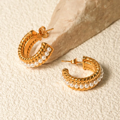 Stainless Steel Pearl C-Hoop Earrings -