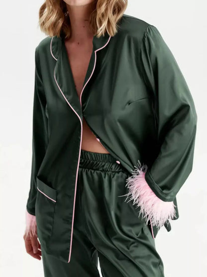 Silky Button Up Top and Pants Lounge Set - Sage