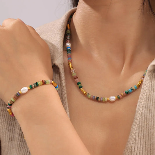 Bohemian Natural Stone Pearl Beaded Jewelry Set - Multicolor One Size