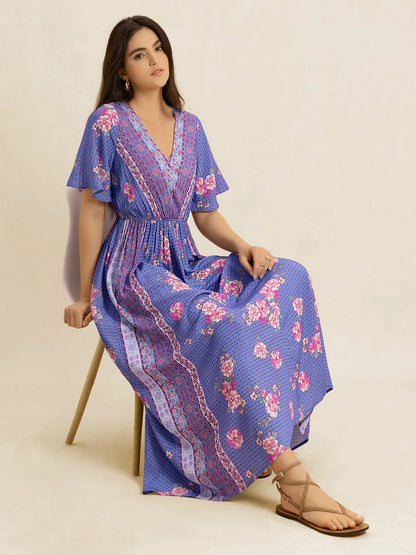 Printed Short Sleeve Midi Dress -