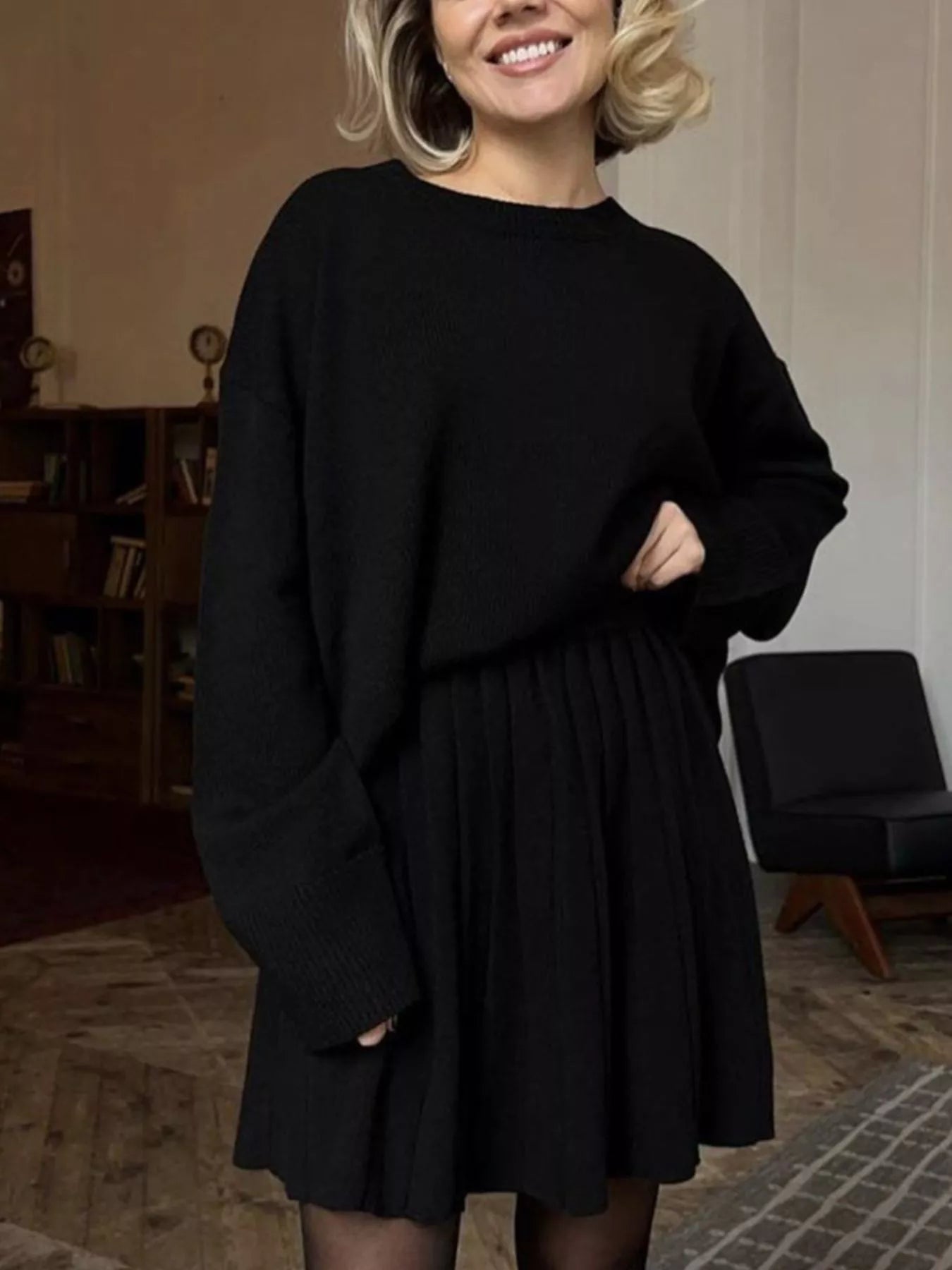 Round Neck Top and Pleated Skirt Sweater Set -