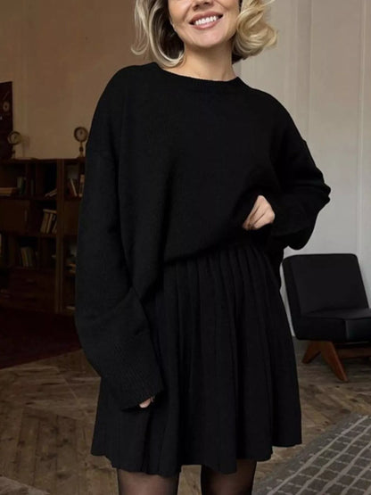 Round Neck Top and Pleated Skirt Sweater Set -