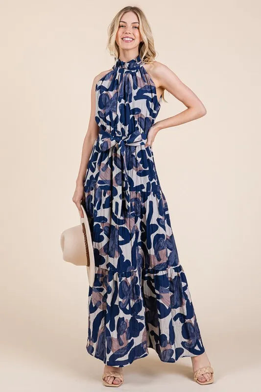 Abstract Halter Neck Tie-Waist Maxi Dress -
