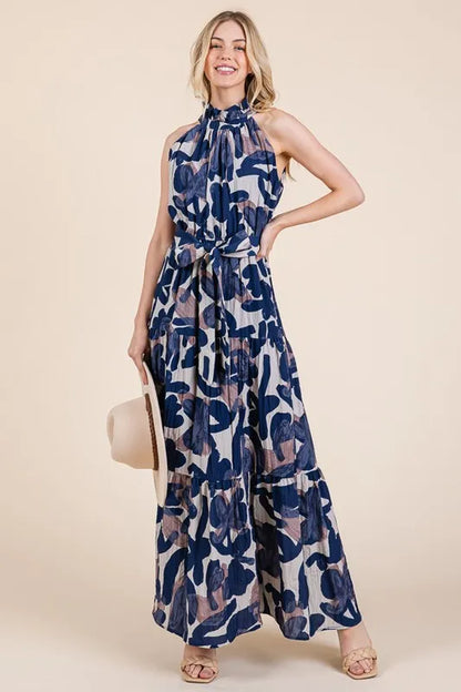 Abstract Halter Neck Tie-Waist Maxi Dress -