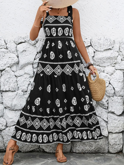 Printed Square Neck Maxi Cami Dress - Black
