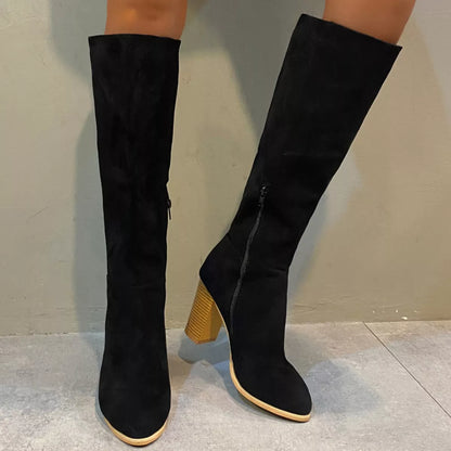 Point Toe Knee-High Suede Block Heel Boots -