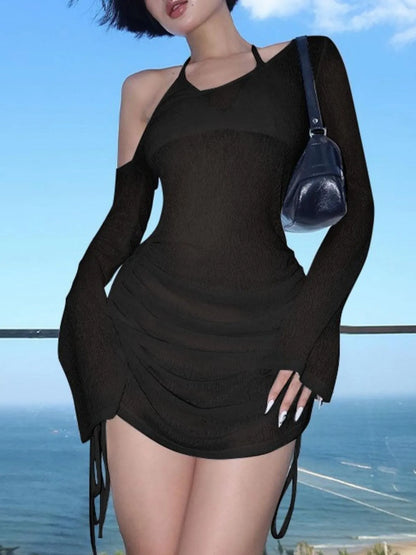 One-Shoulder Bell Sleeve Ruched Mini Cover-Up Dress - Black