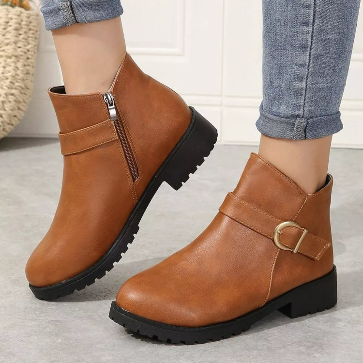 Buckle Accent Ankle Boots - Caramel