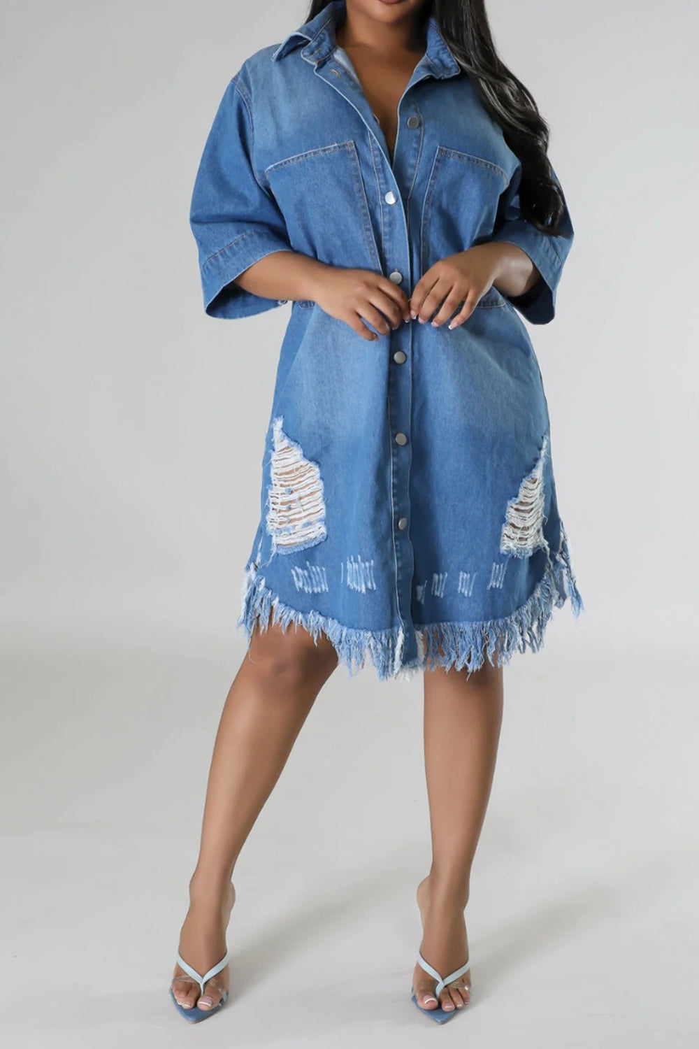 Distressed Raw Hem Button Up Denim Dress - Light