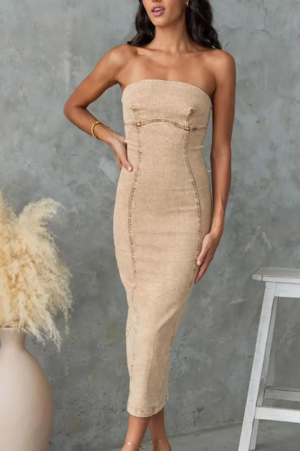 Washed Slit Back Tube Denim Dress -