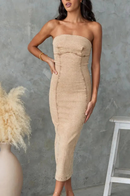 Washed Slit Back Tube Denim Dress -