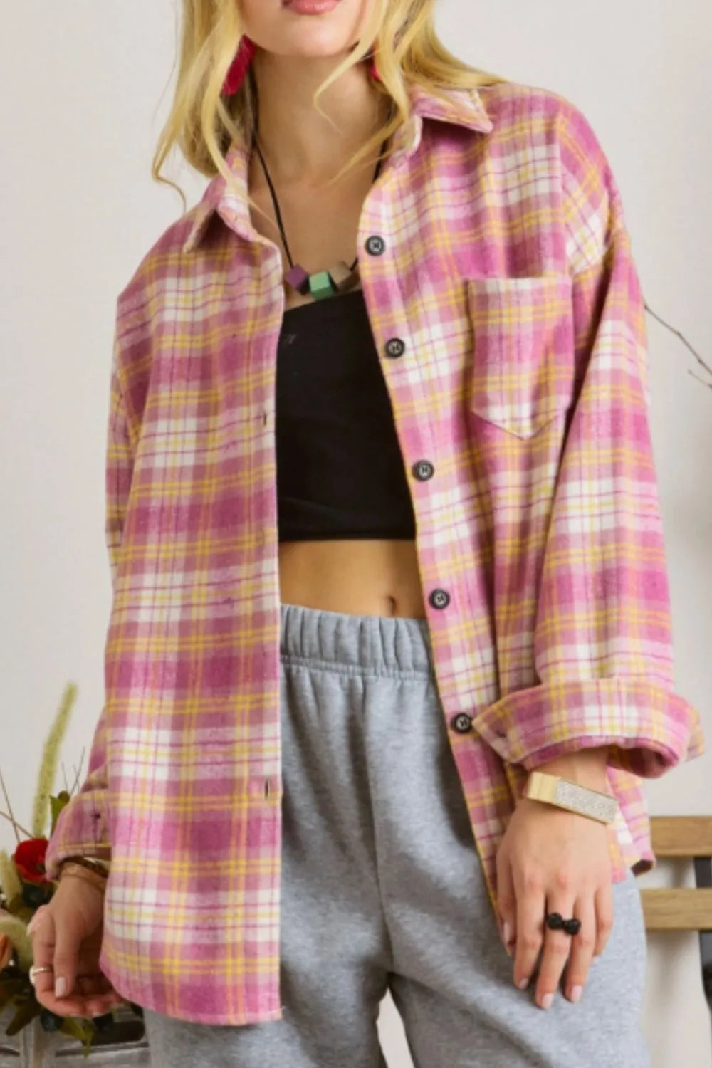 Plaid Collared Neck Button Up Shacket - Pink