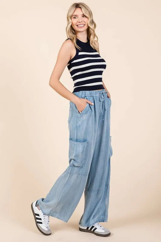 Washed Elastic Waist Cargo Wide Leg Pants -