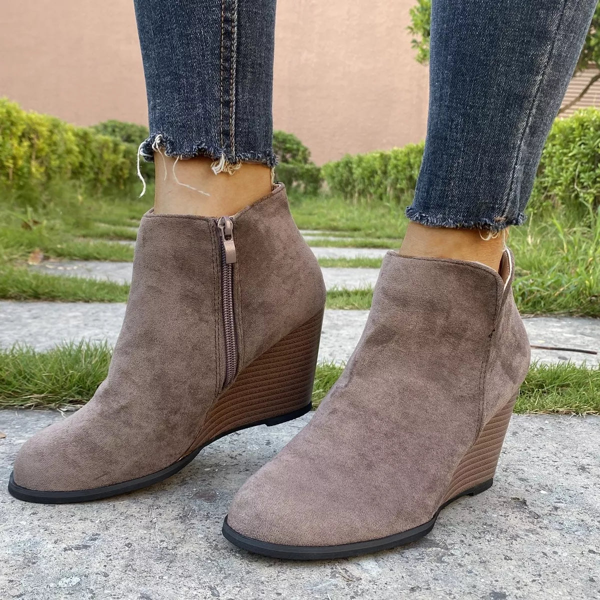 Round Toe Wedge Ankle Boots - Mocha