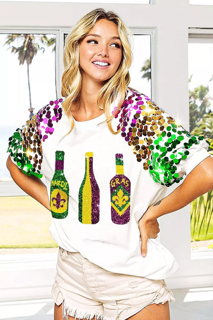 Sequin Mardi Gras Bottles Spangled Sleeve Top -