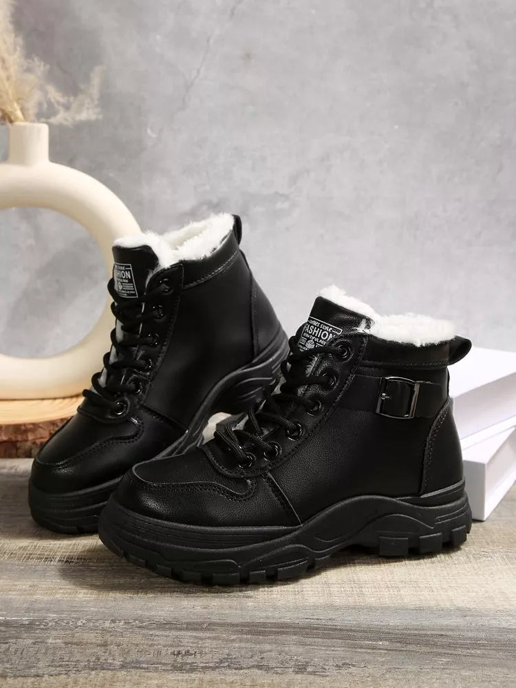 Warm Lined Ankle Boots with Buckle Detail - Black