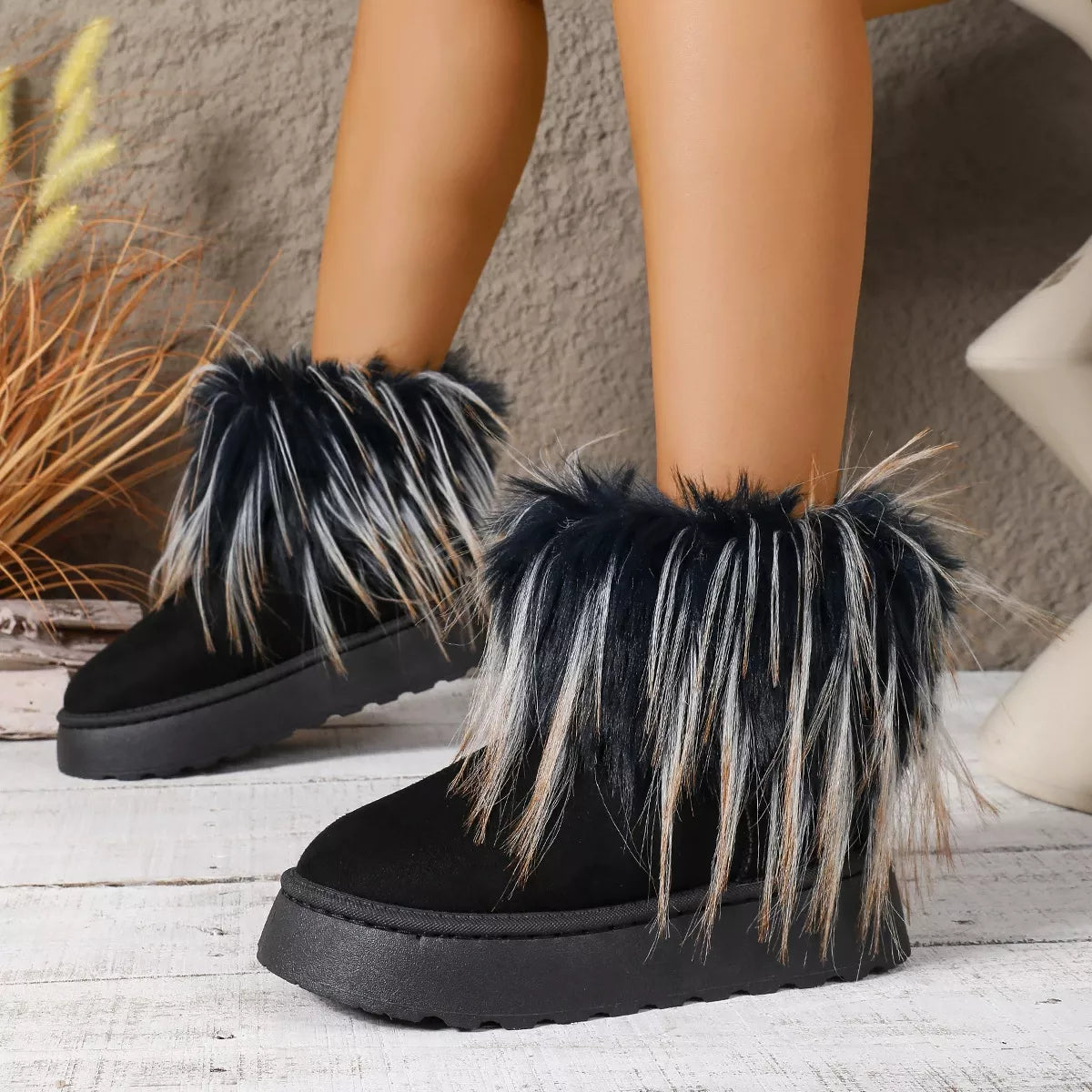 Fuzzy Trim Platform Ankle Boots - Black